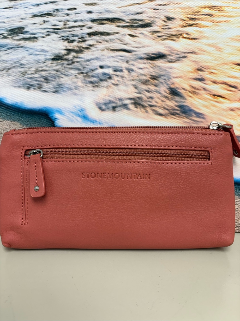 Stone Mountain Coral Pink Pebble Leather Double Zip Clutch Wallet Organizer - Picture 2 of 15